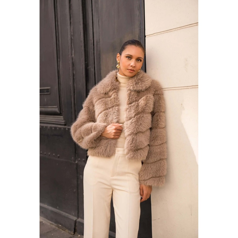 Hot & Delicious Tan Faux Fur Tiered Crop Jacket Beige Small (151)